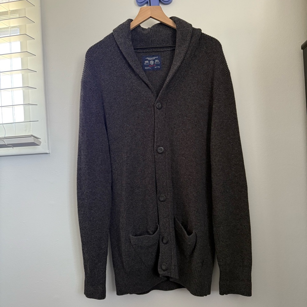 American Eagle XL Tall Athletic Fit Shawl Cardigan Charcoal Preppy Lounge